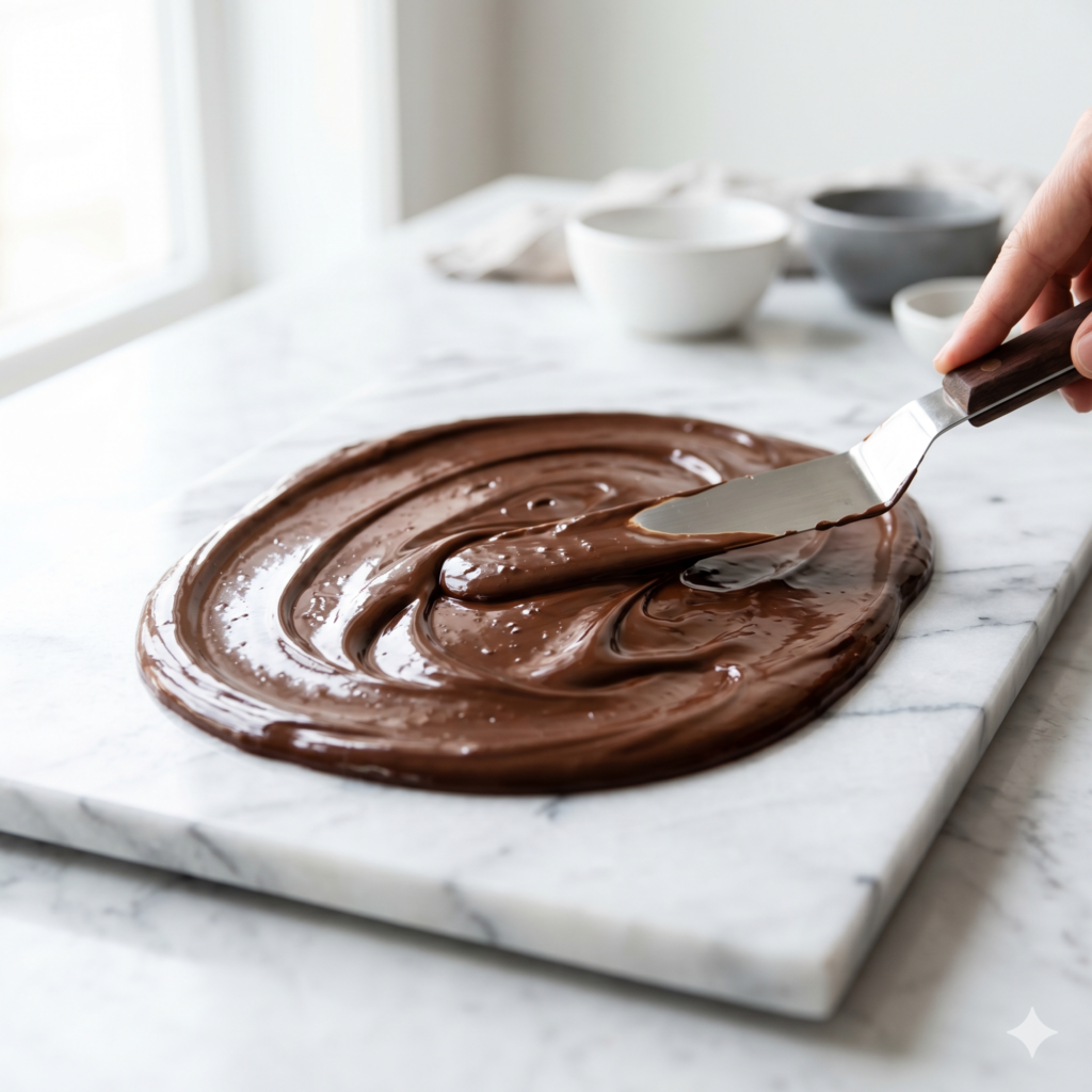 ganache marmore Processo de temperar chocolate nobre em bancada de mármore