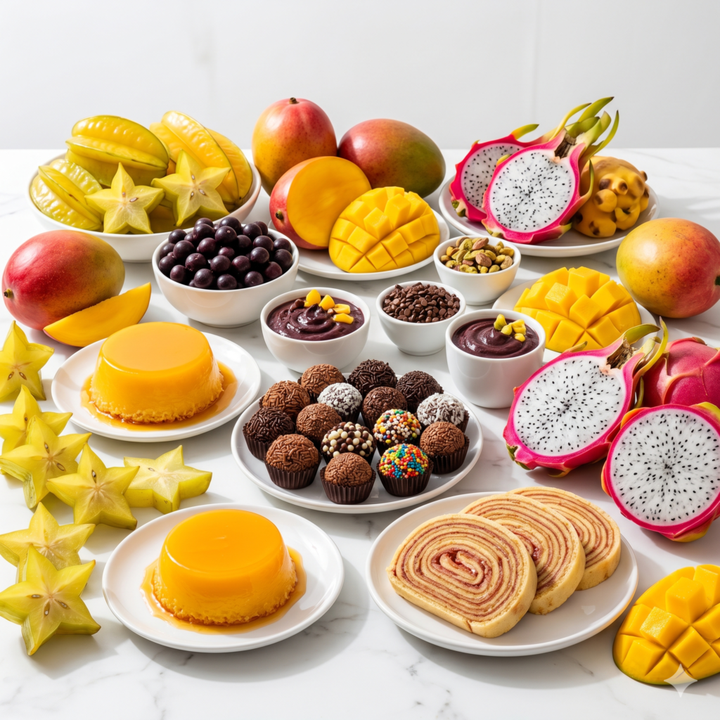 Os Verdadeiros Segredos da Confeitaria Brasileira Que Ninguém Te Contou Mesa temática de confeitaria brasileira com frutas tropicais e doces típicos quindim e brigadeiro