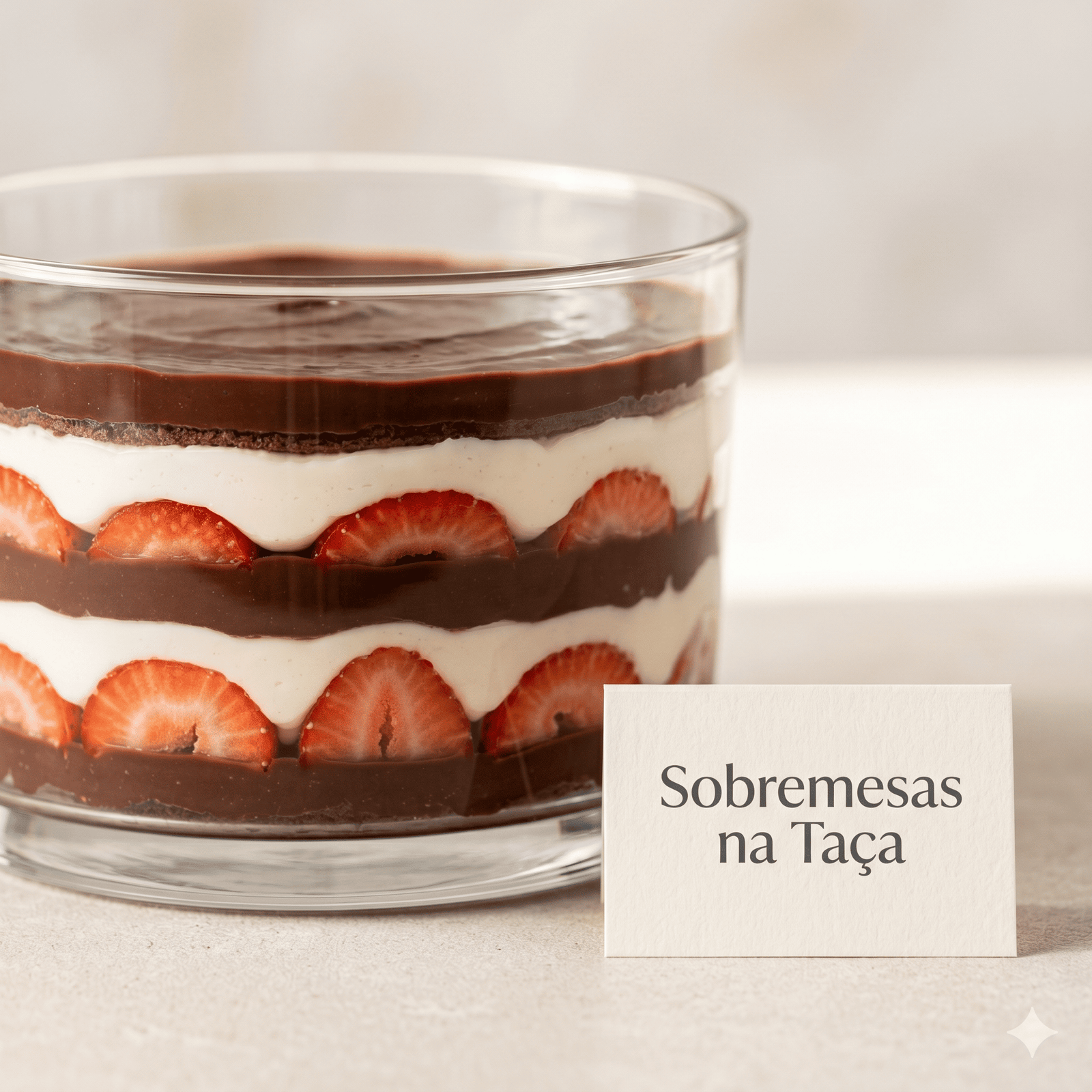 Sobremesa na taça gourmet com camadas de chocolate e morango em cenário minimalista e iluminado.
