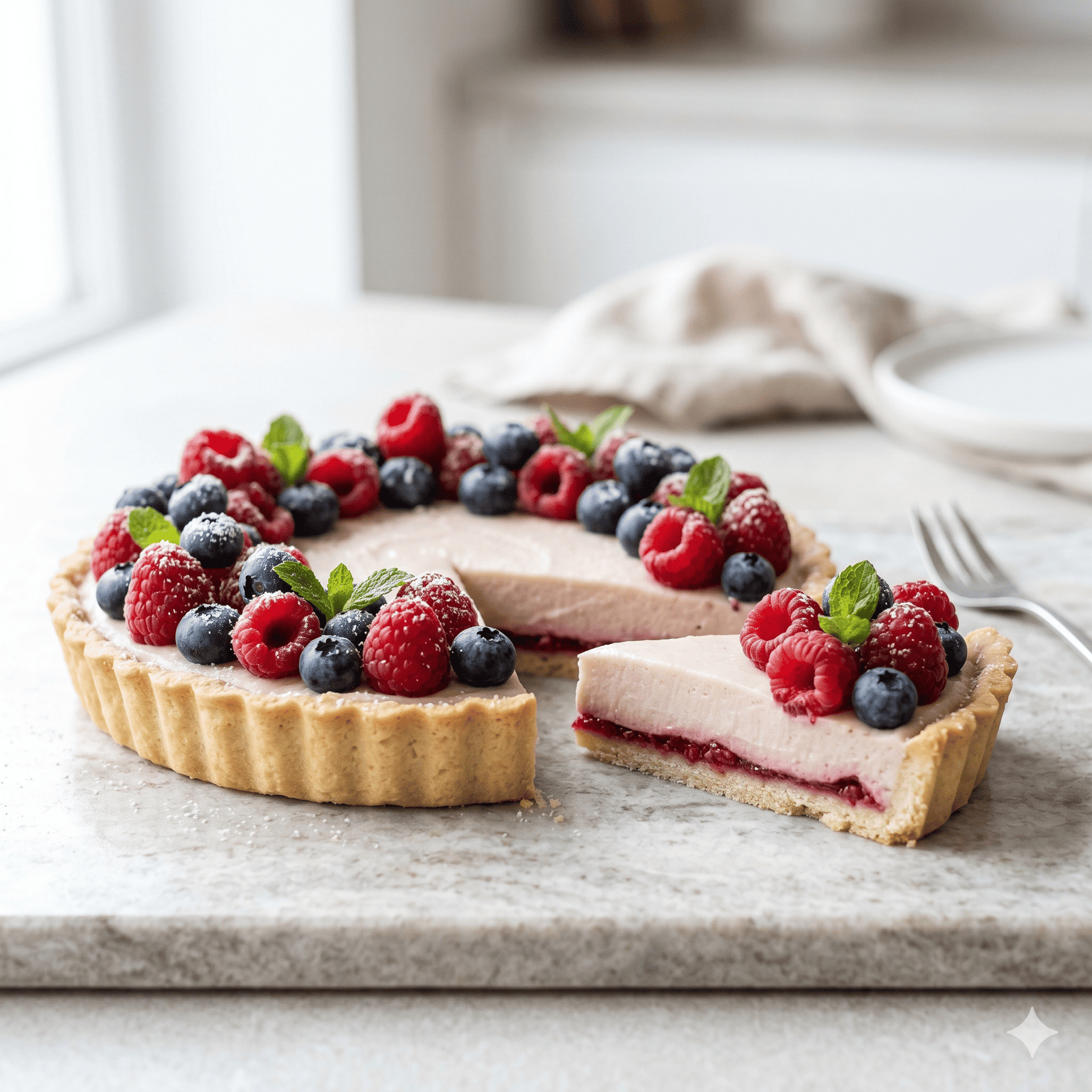 Torta vegana gourmet de frutas vermelhas em base clean para confeitaria inclusiva.